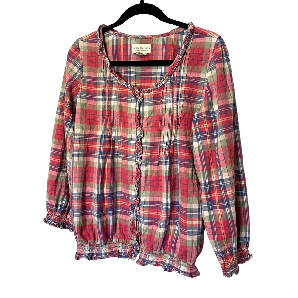 Denim & Supply Ralph Lauren Plaid Cottage Blouse Medium Boho Prairie Top-M